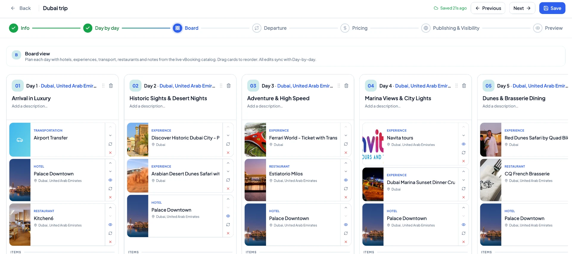 AI-generated Dubai trip board with day-by-day itinerary cards