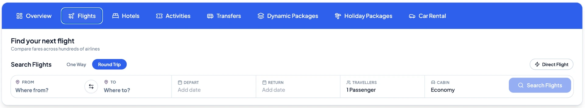 Turbo flight search interface with travel products and round-trip booking controls