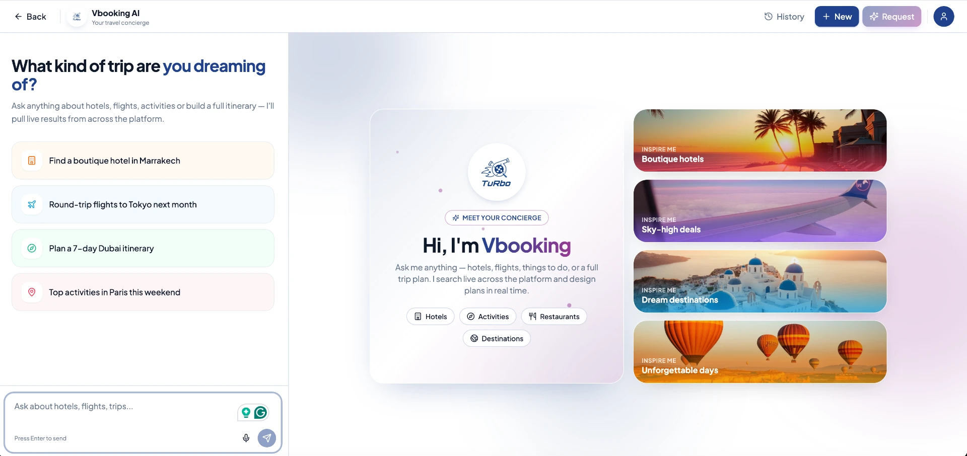Vbooking AI concierge asking what kind of trip the traveler is dreaming of, with suggested questions and destination inspiration cards
