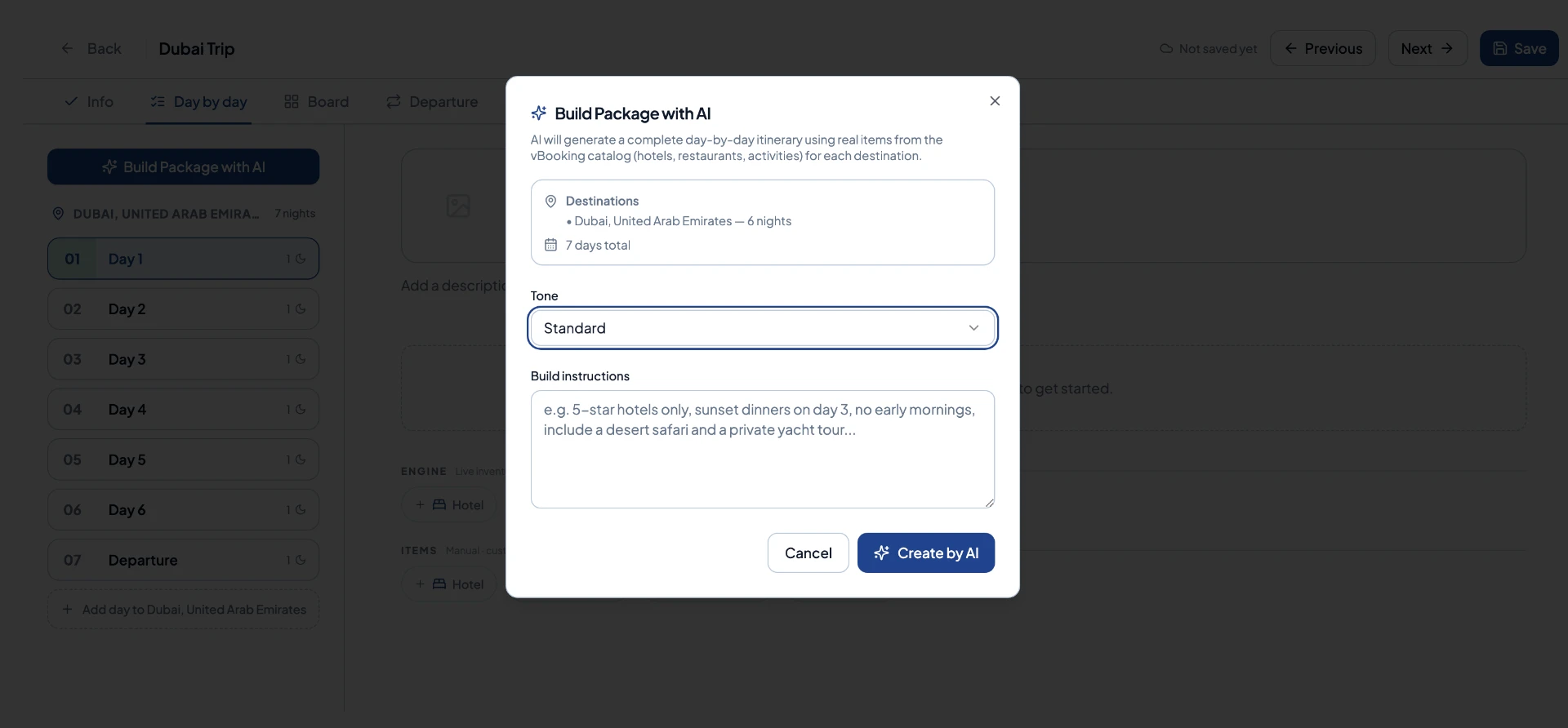 Build Package with AI modal for generating a complete day-by-day itinerary