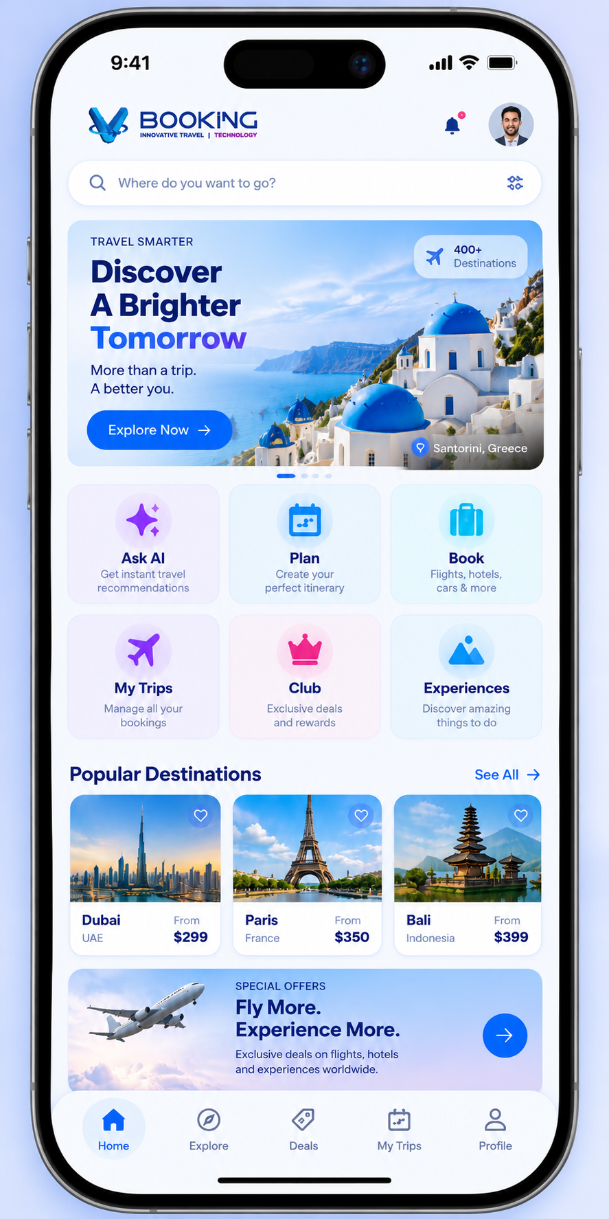 Vbooking Super App interface showing AI travel planning, booking, trips, club benefits and destinations