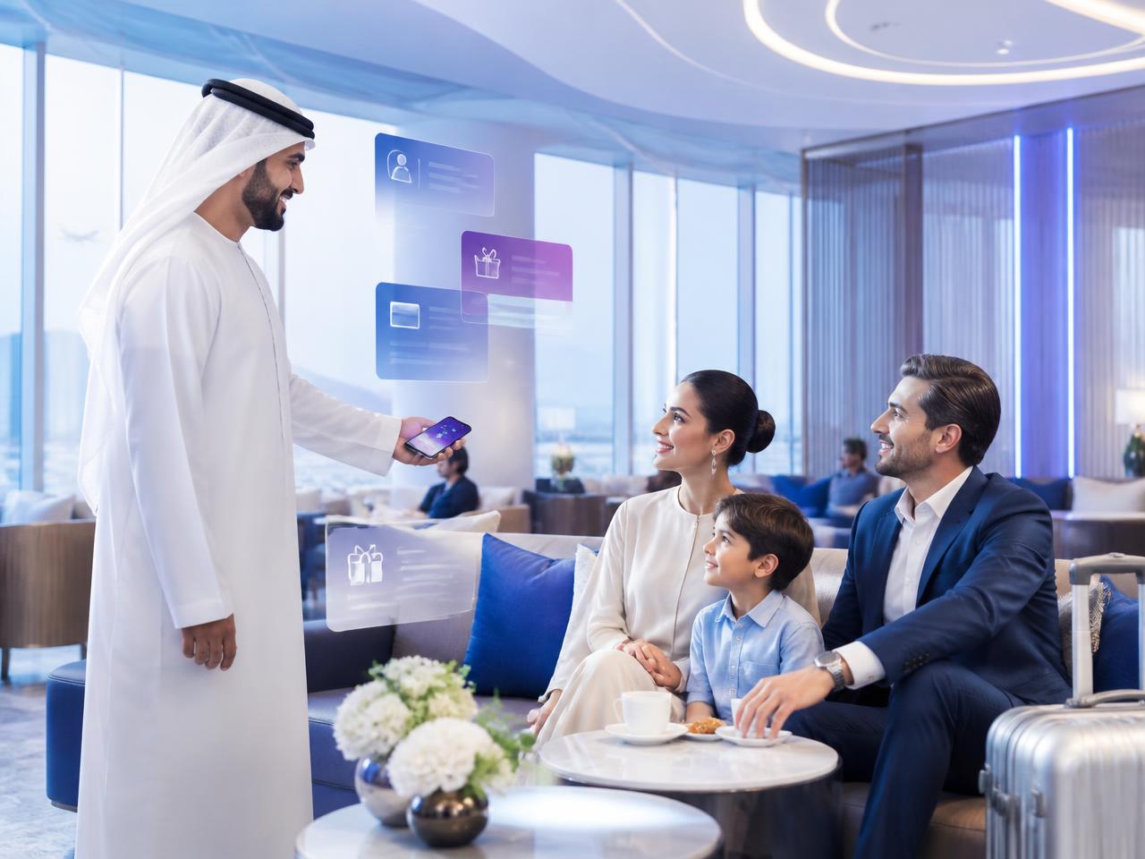 Travelers enjoying digital membership benefits in an airport lounge
