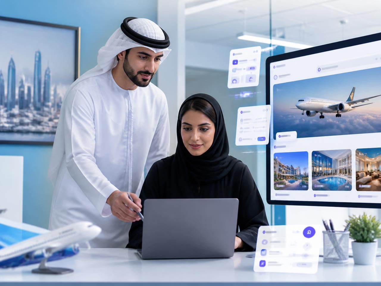 Emirati travel team managing bookings from a connected platform