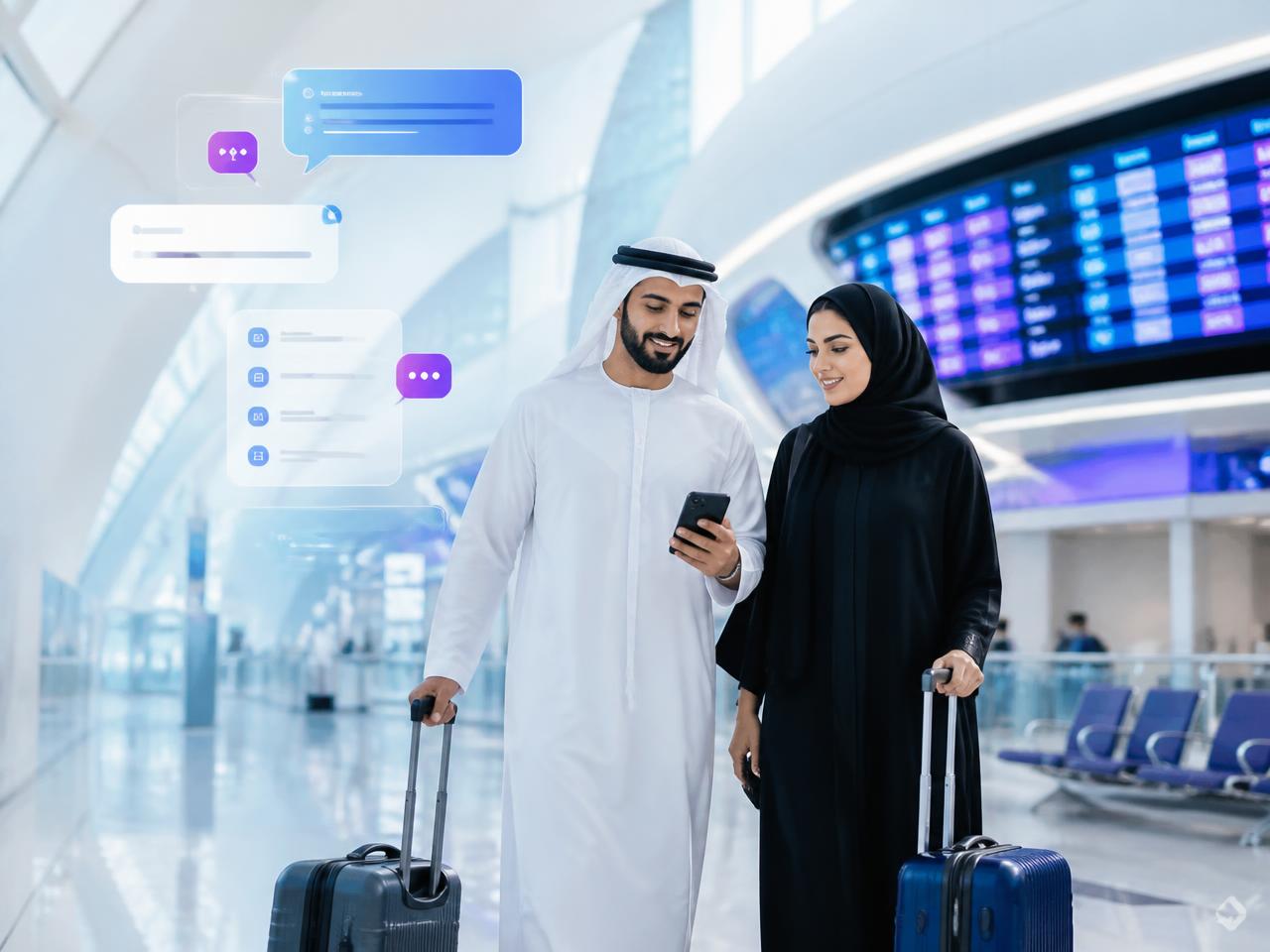 Emirati travelers using an AI travel assistant at the airport